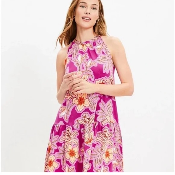 NWT Loft fuschia pink floral swing dress with back tie M - Picture 1 of 9